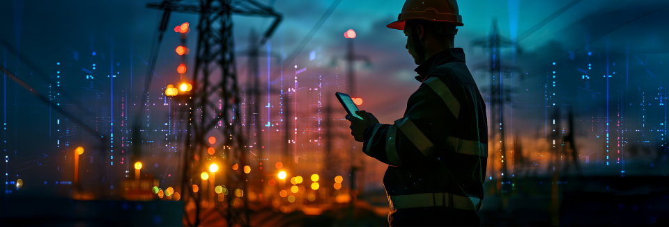 AI in utilities: worker monitoring power grid at dusk